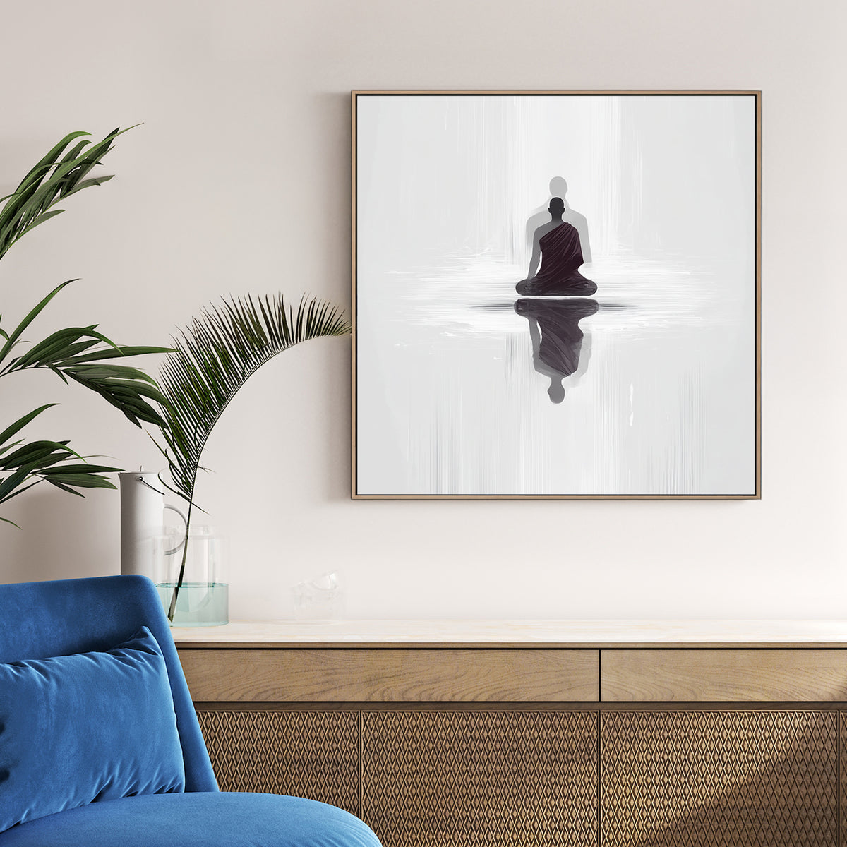 Minimalist Buddhist Monk silhouette reflecting in water wall art