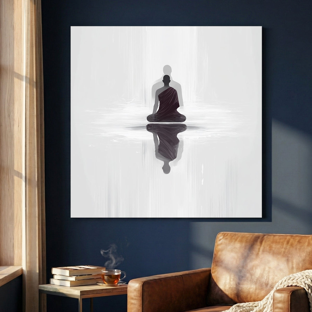 Minimalist Buddhist Monk silhouette reflecting in water wall art