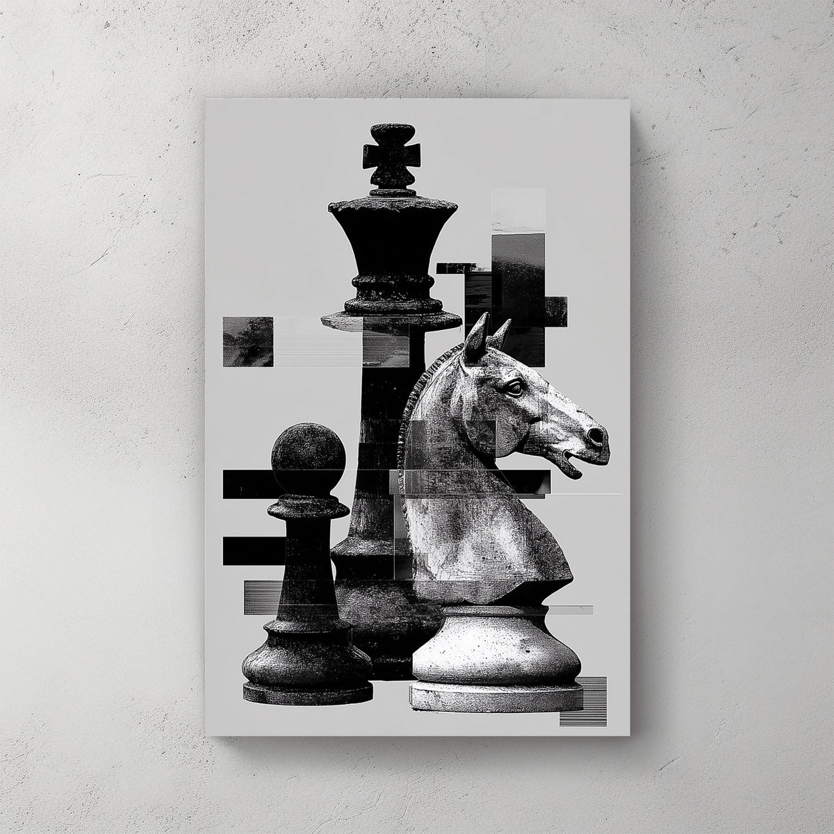 Black and white chess pieces with digital glitch effects wall art.