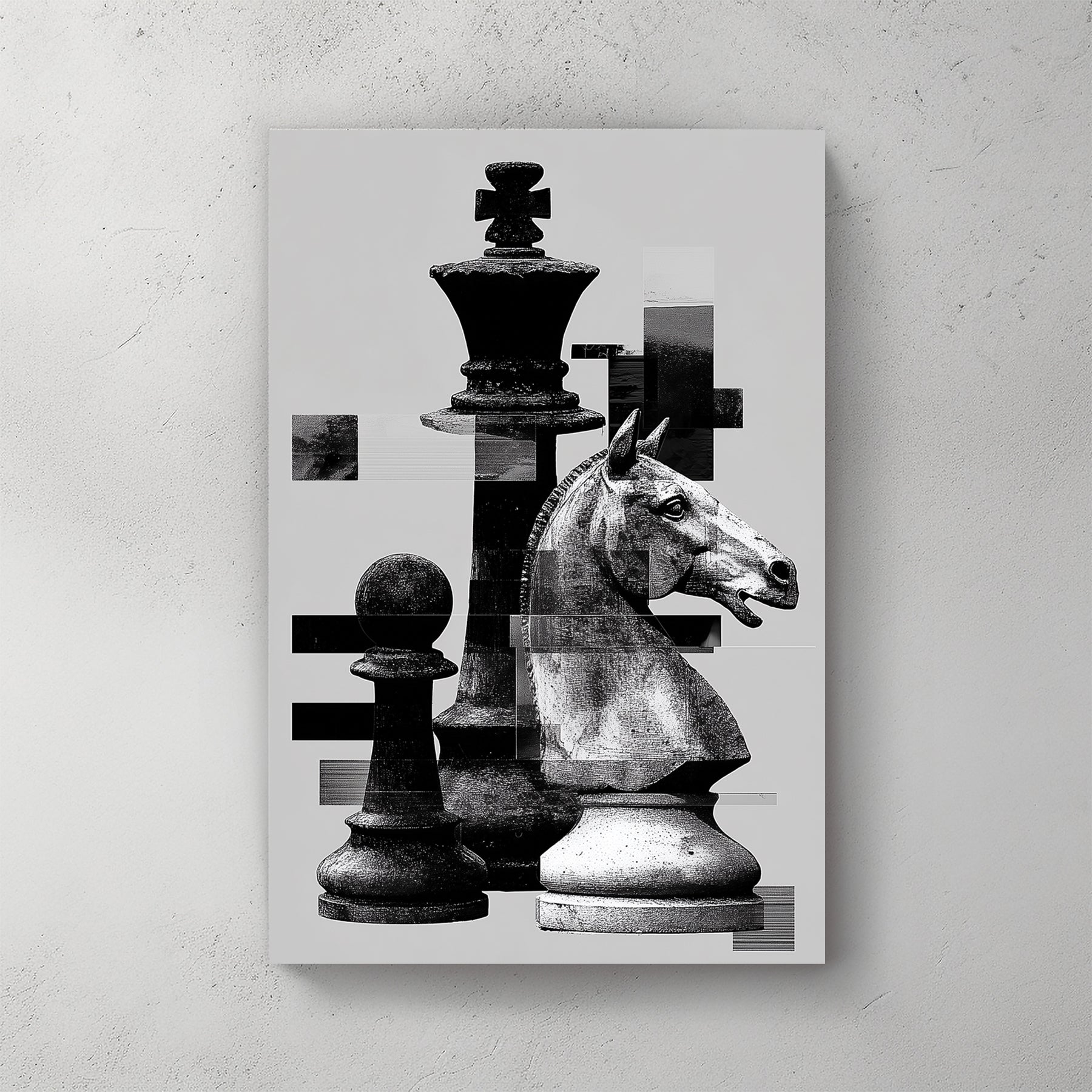 Black and white chess pieces with digital glitch effects wall art.