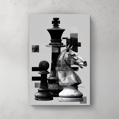 Black and white chess pieces with digital glitch effects wall art.