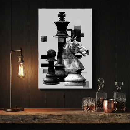 Black and white chess pieces with digital glitch effects wall art.