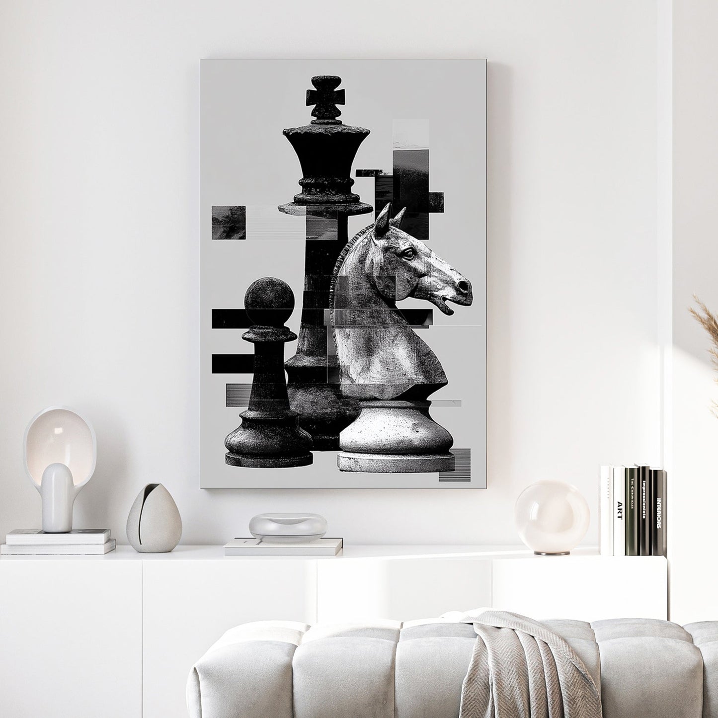 Black and white chess pieces with digital glitch effects wall art.