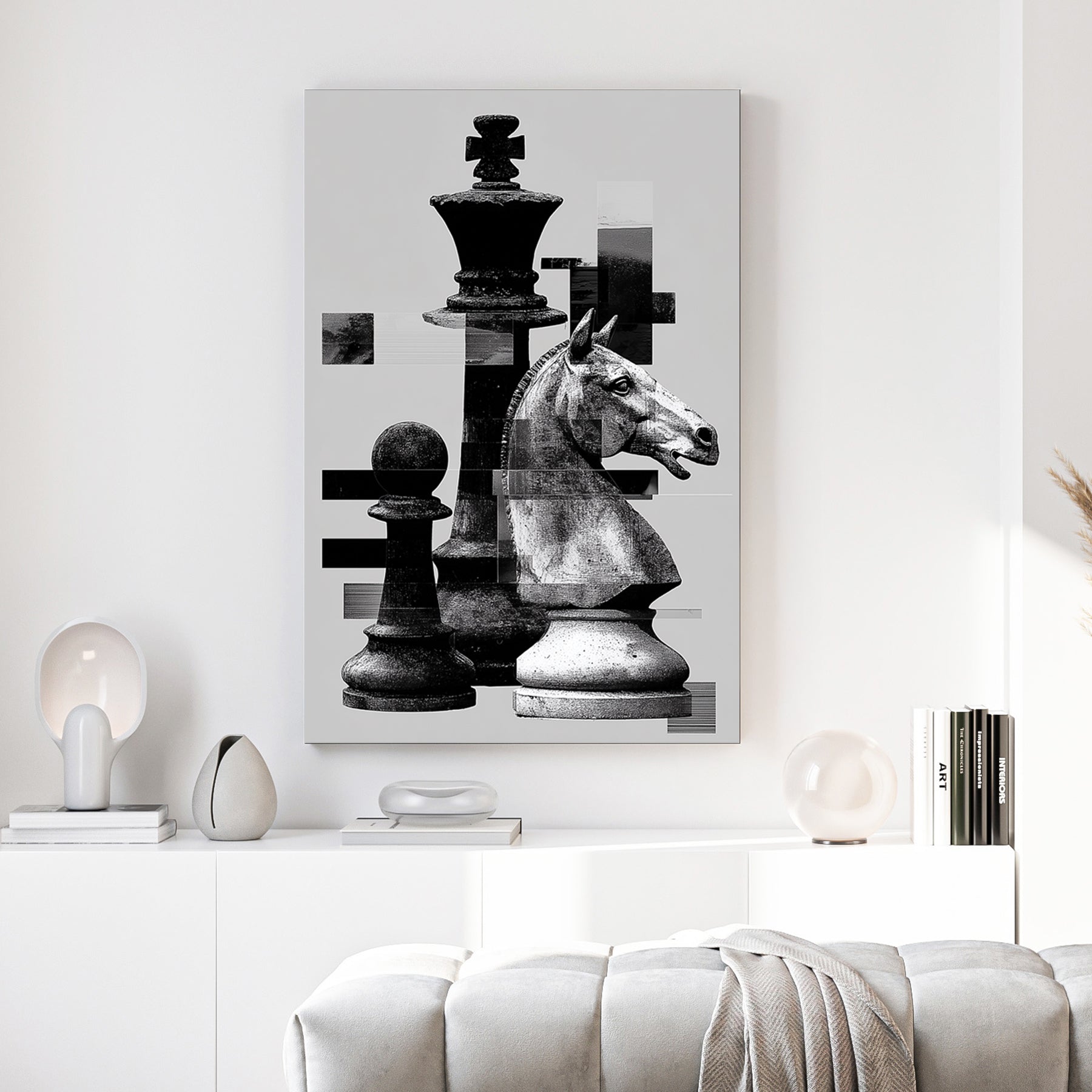 Black and white chess pieces with digital glitch effects wall art.