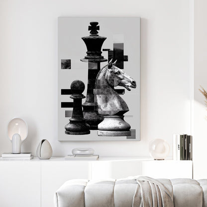 Black and white chess pieces with digital glitch effects wall art.