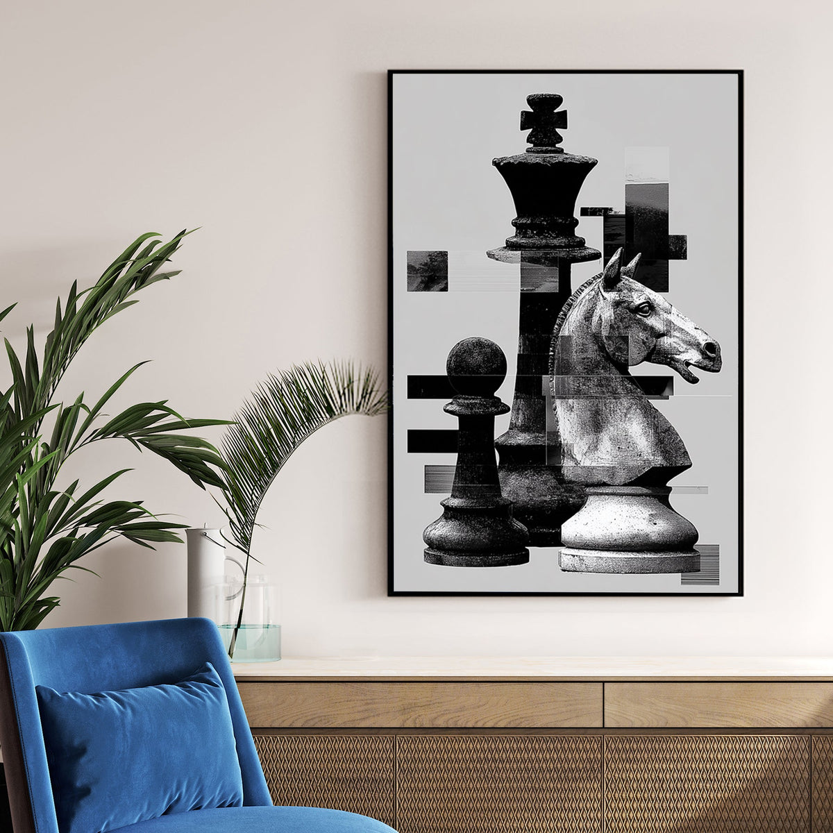 Black and white chess pieces with digital glitch effects wall art.