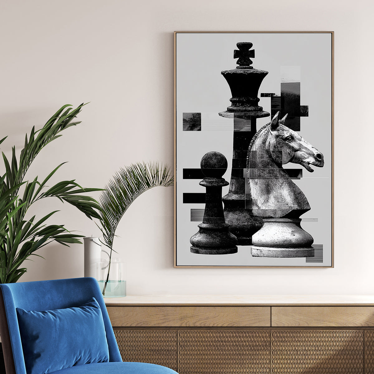 Black and white chess pieces with digital glitch effects wall art.
