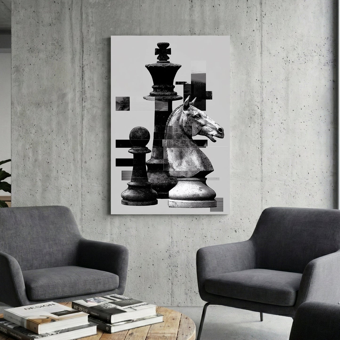 Black and white chess pieces with digital glitch effects wall art.
