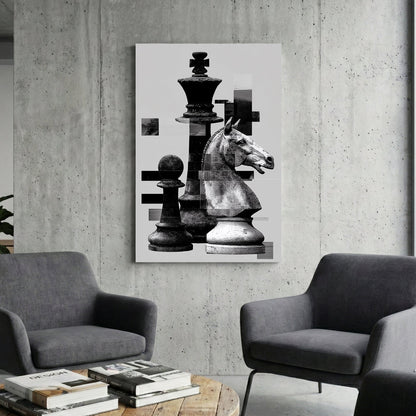 Black and white chess pieces with digital glitch effects wall art.