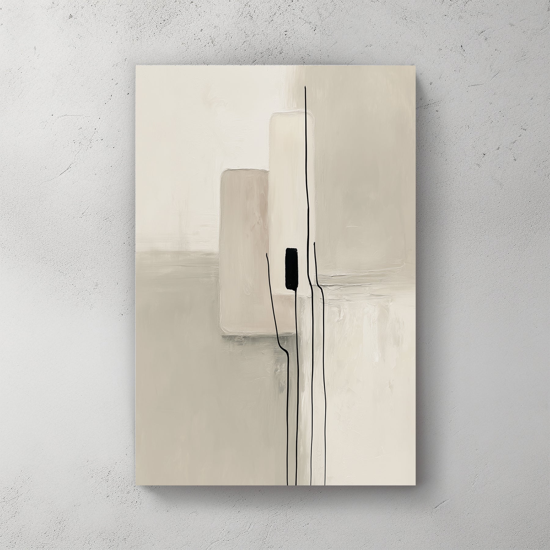 Abstract minimalism wall art with black lines and neutral beige rectangles.