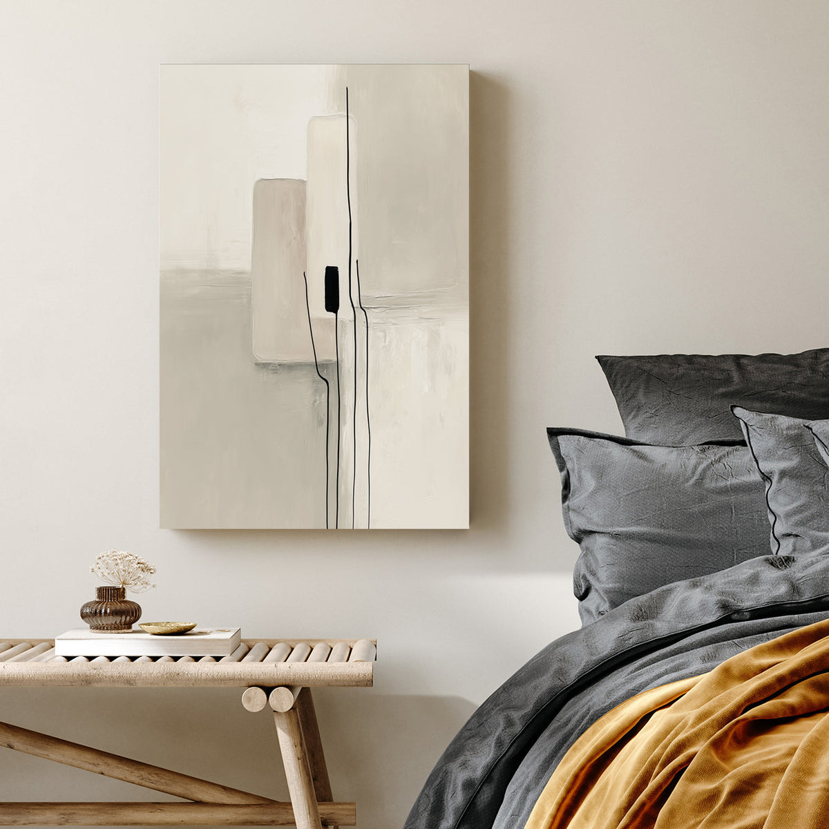 Abstract minimalism wall art with black lines and neutral beige rectangles.