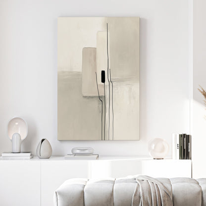 Abstract minimalism wall art with black lines and neutral beige rectangles.