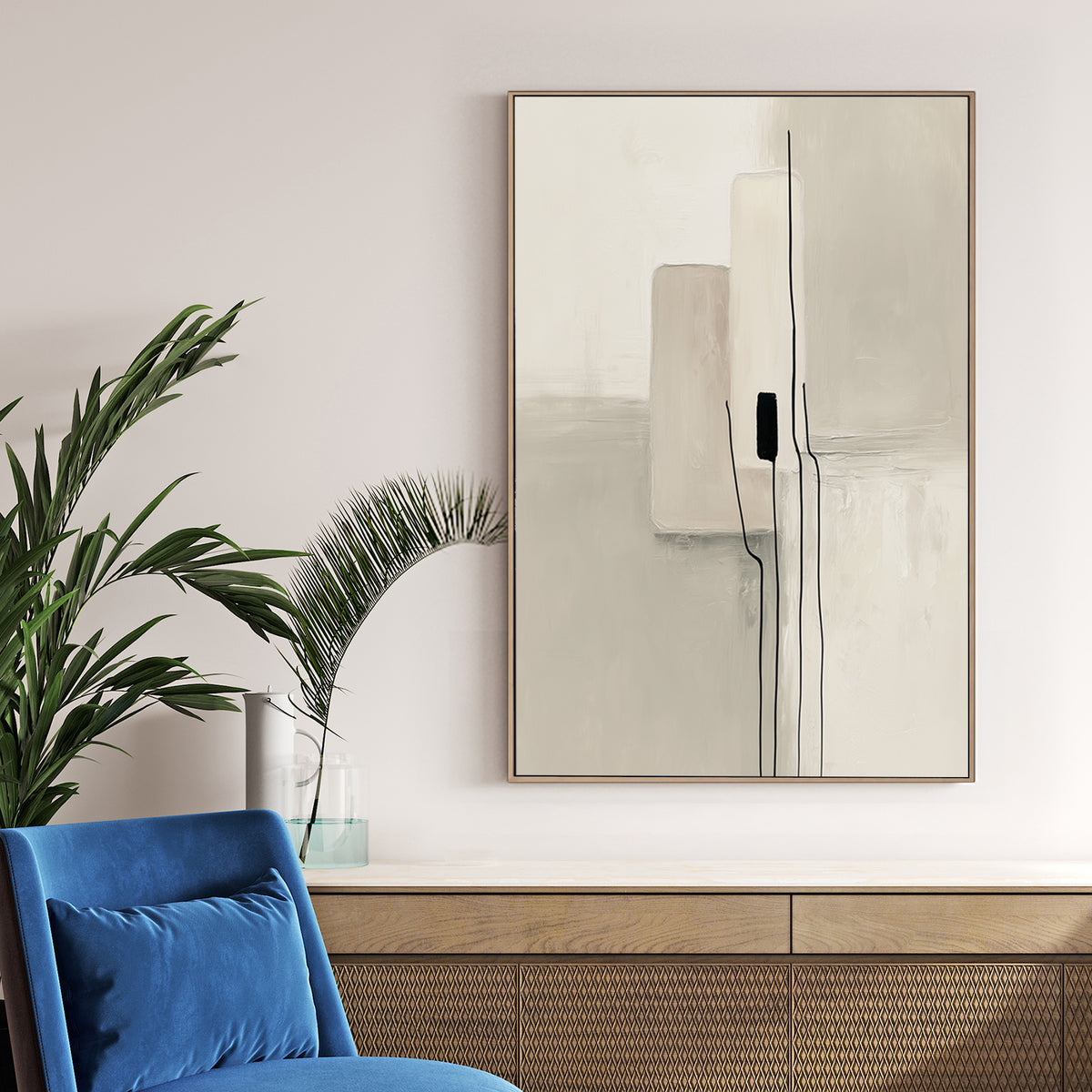Abstract minimalism wall art with black lines and neutral beige rectangles.