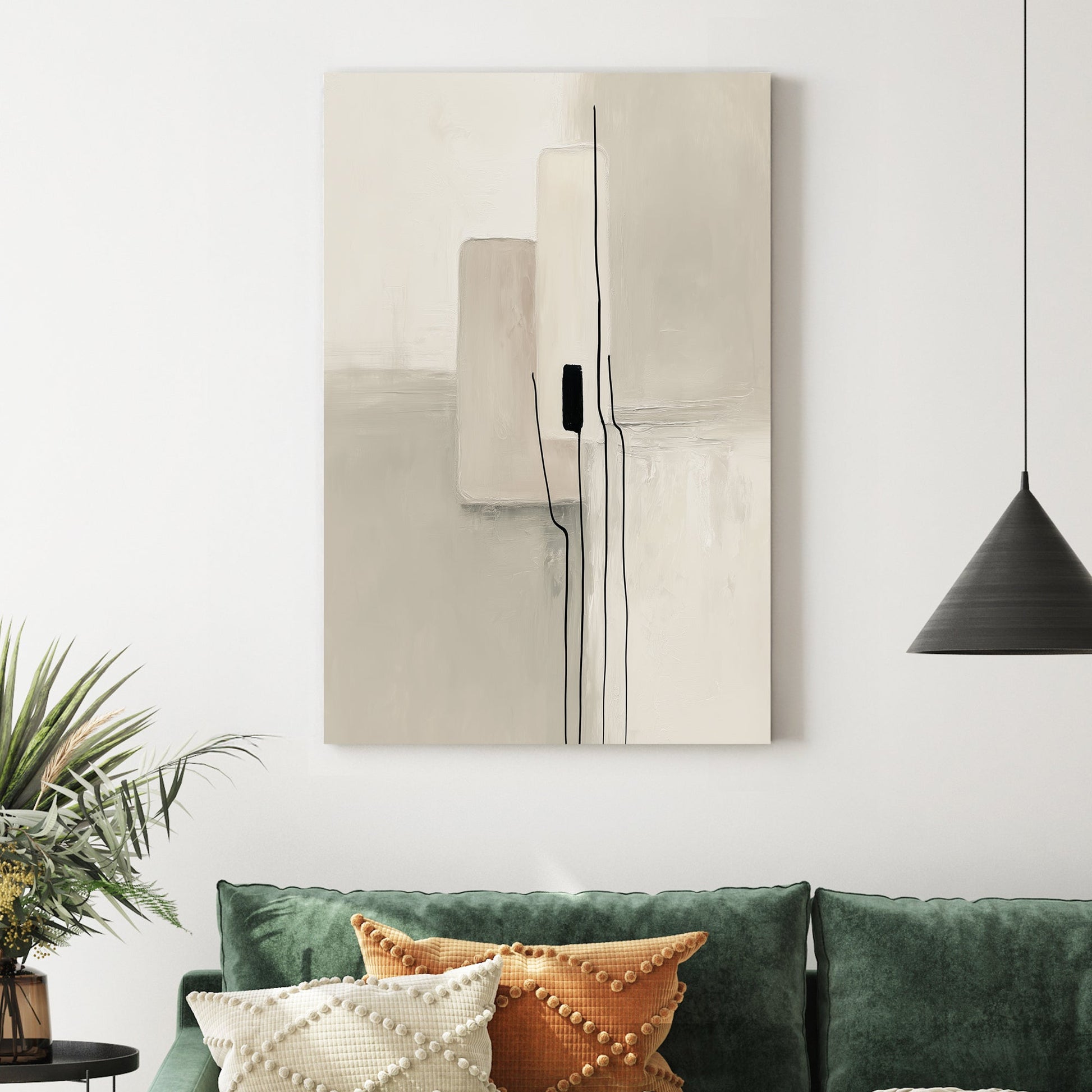 Abstract minimalism wall art with black lines and neutral beige rectangles.