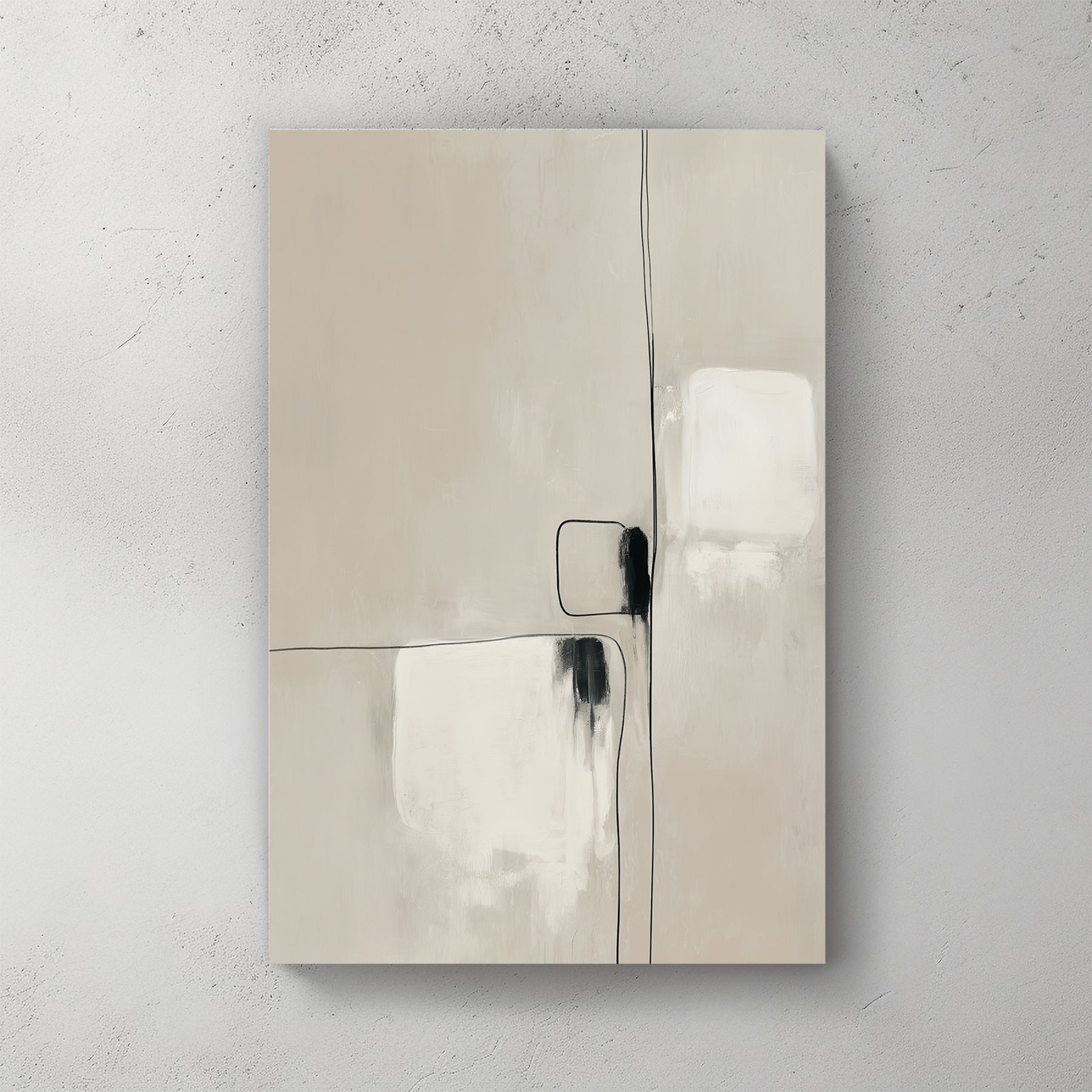 Minimalist geometric abstract wall art with beige tones and fine black lines.