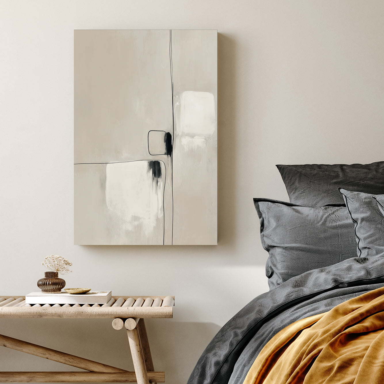 Minimalist geometric abstract wall art with beige tones and fine black lines.