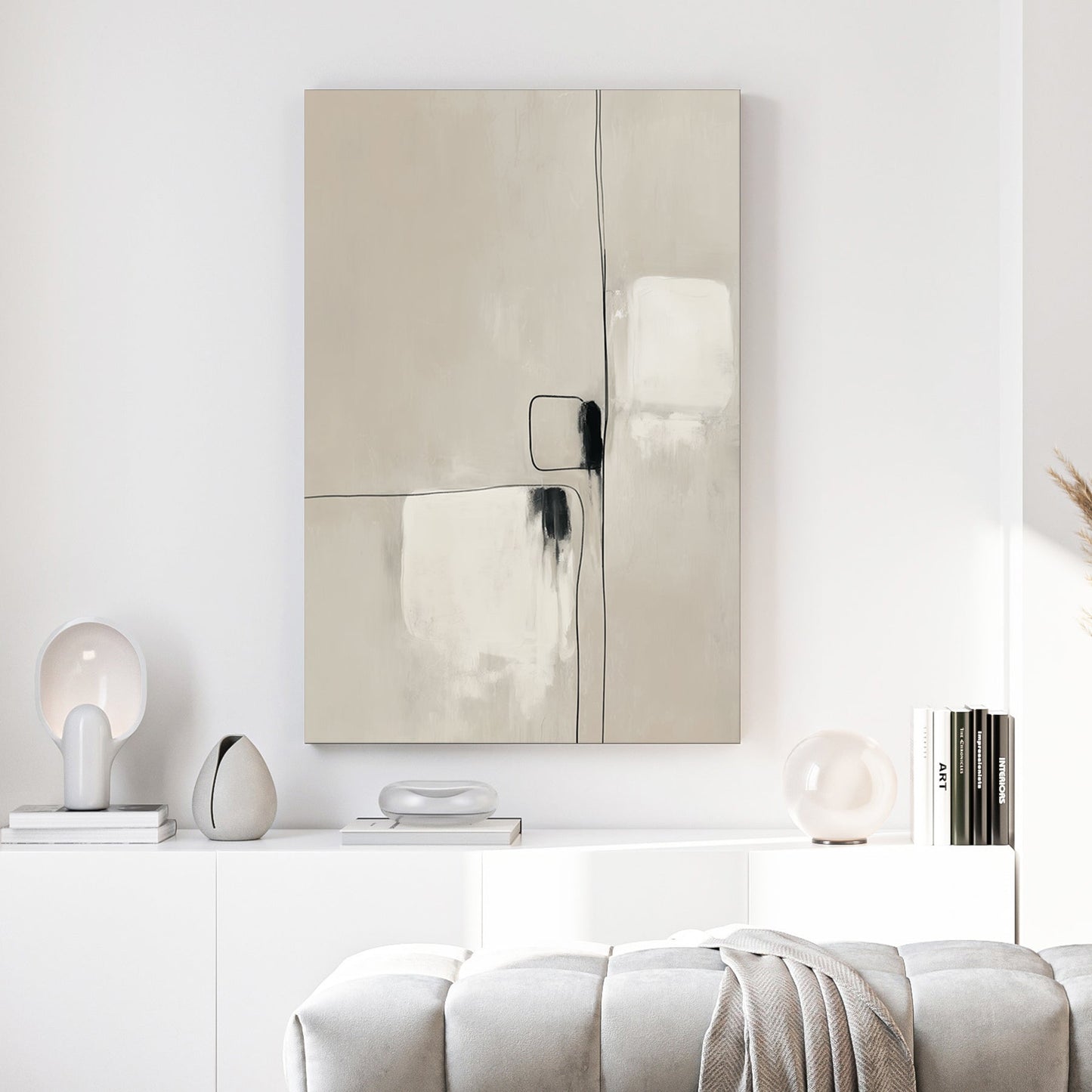 Minimalist geometric abstract wall art with beige tones and fine black lines.