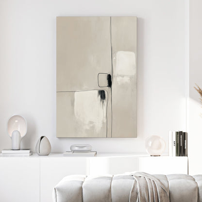 Minimalist geometric abstract wall art with beige tones and fine black lines.