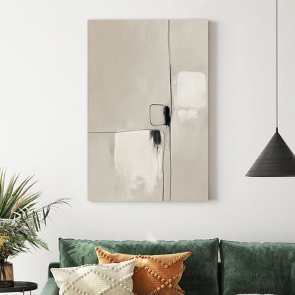 Minimalist geometric abstract wall art with beige tones and fine black lines.