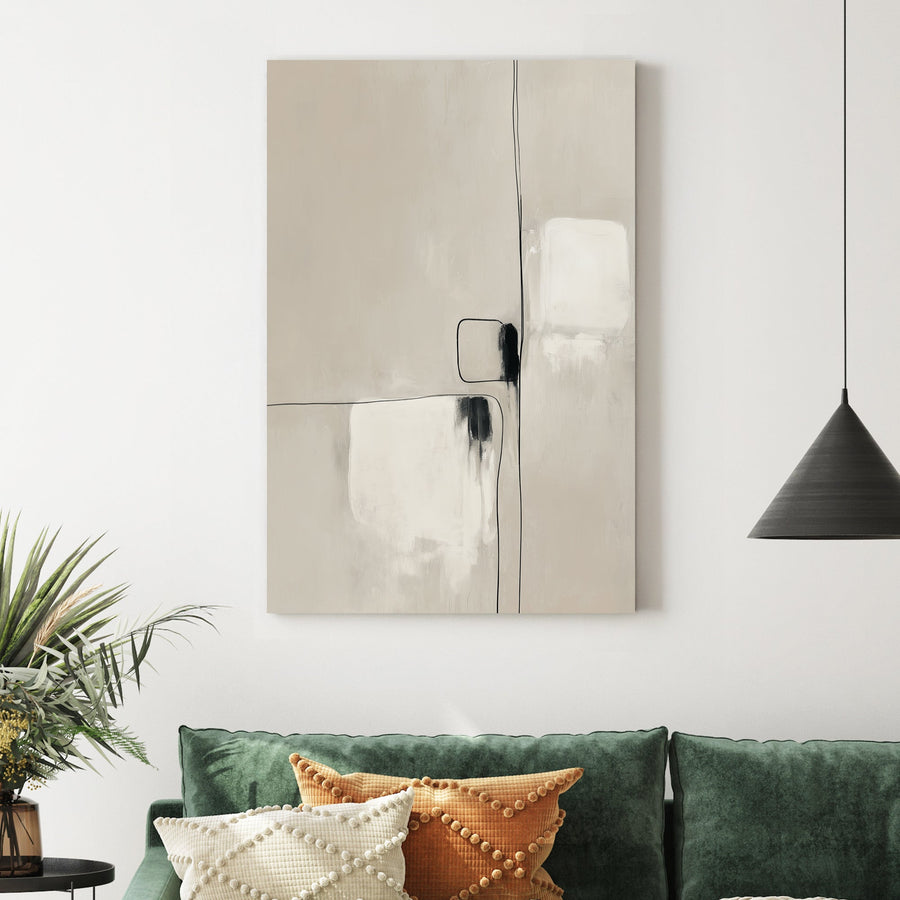 Minimalist geometric abstract wall art with beige tones and fine black lines.