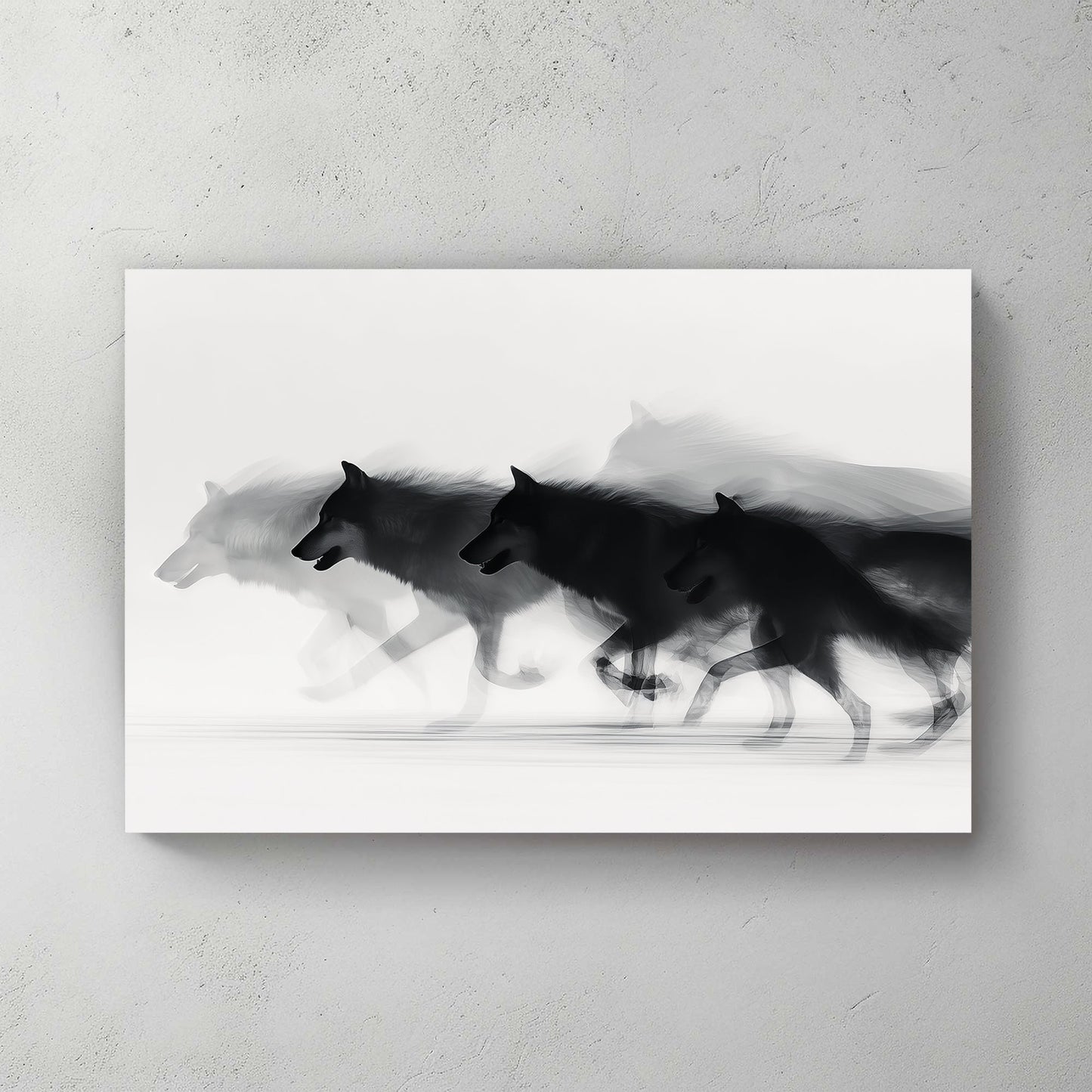 Minimalist wall art of a running wolf pack in black and white with motion blur.