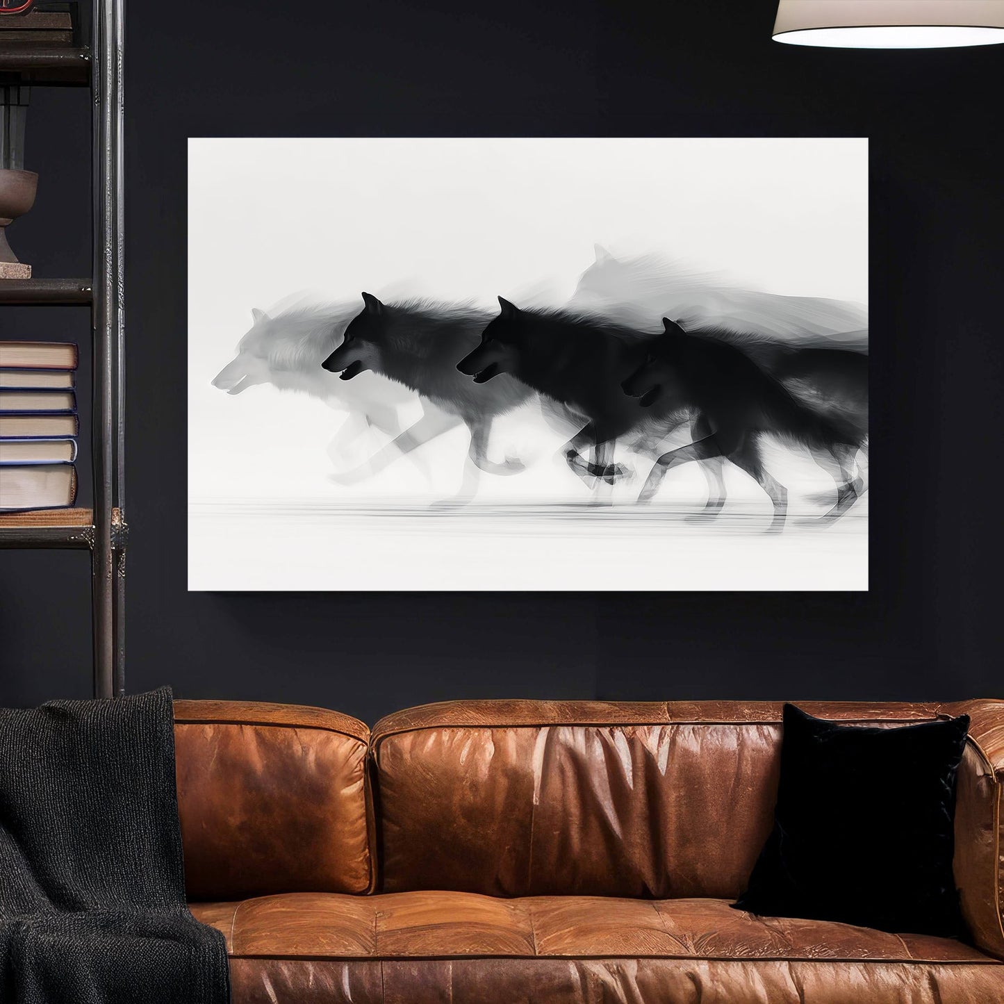 Minimalist wall art of a running wolf pack in black and white with motion blur.