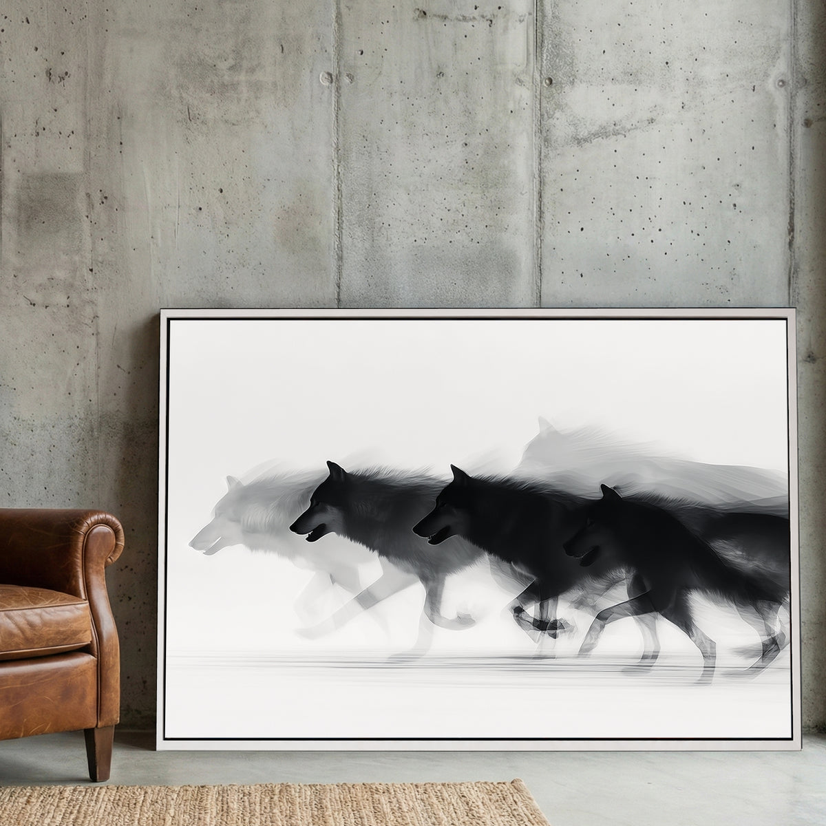 Minimalist wall art of a running wolf pack in black and white with motion blur.