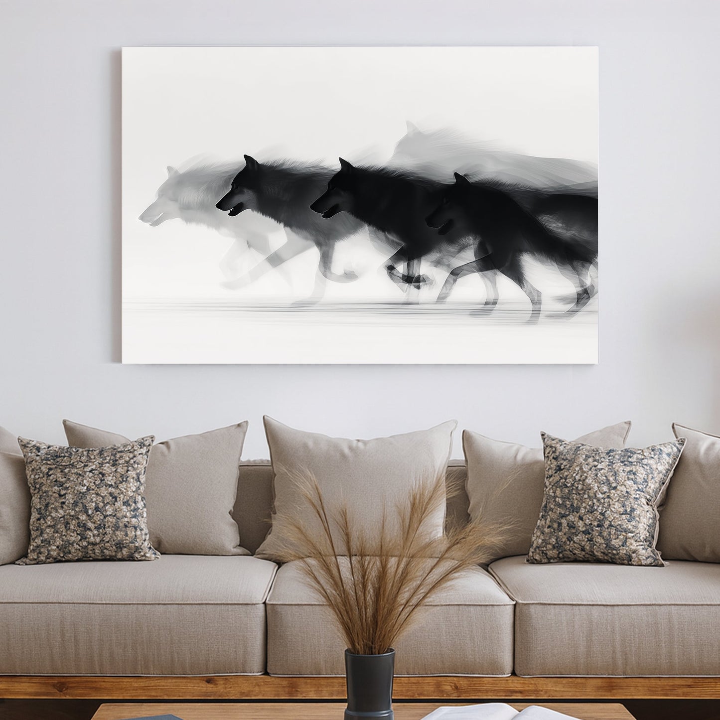 Minimalist wall art of a running wolf pack in black and white with motion blur.