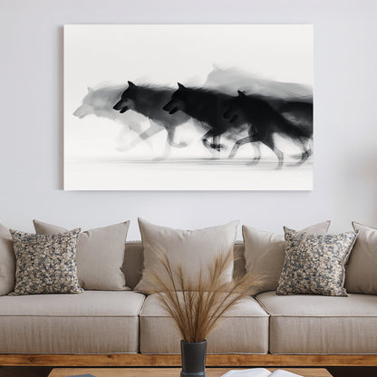 Minimalist wall art of a running wolf pack in black and white with motion blur.