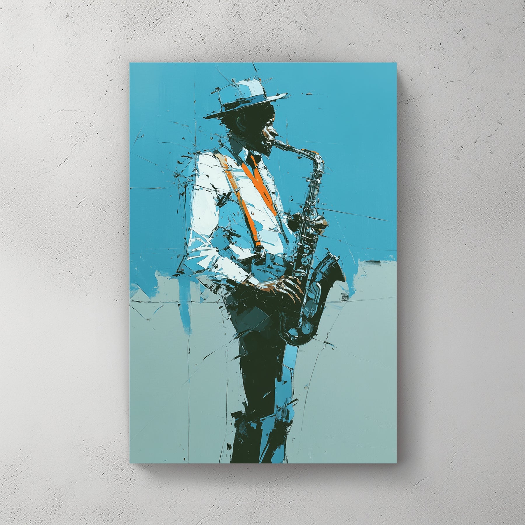 Contemporary wall art of a Jazz Saxophonist with orange suspenders on a teal background.