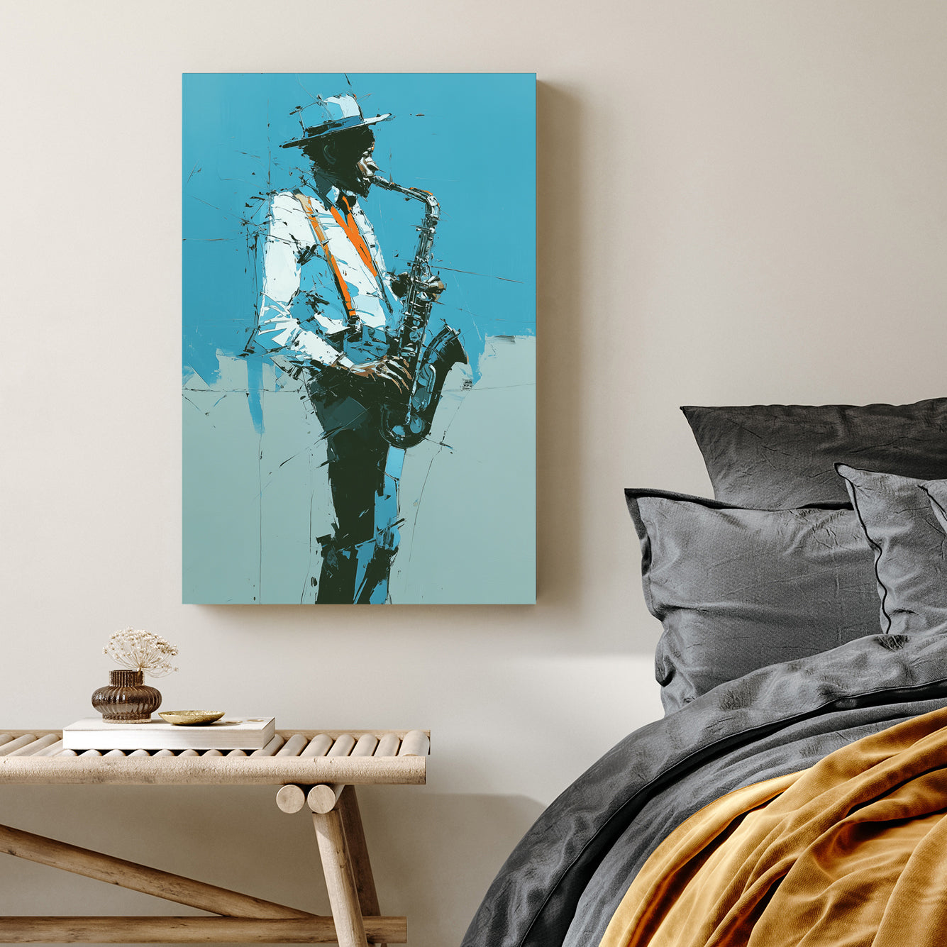 Contemporary wall art of a Jazz Saxophonist with orange suspenders on a teal background.