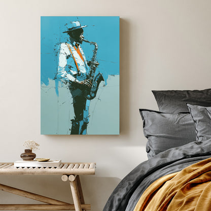 Contemporary wall art of a Jazz Saxophonist with orange suspenders on a teal background.