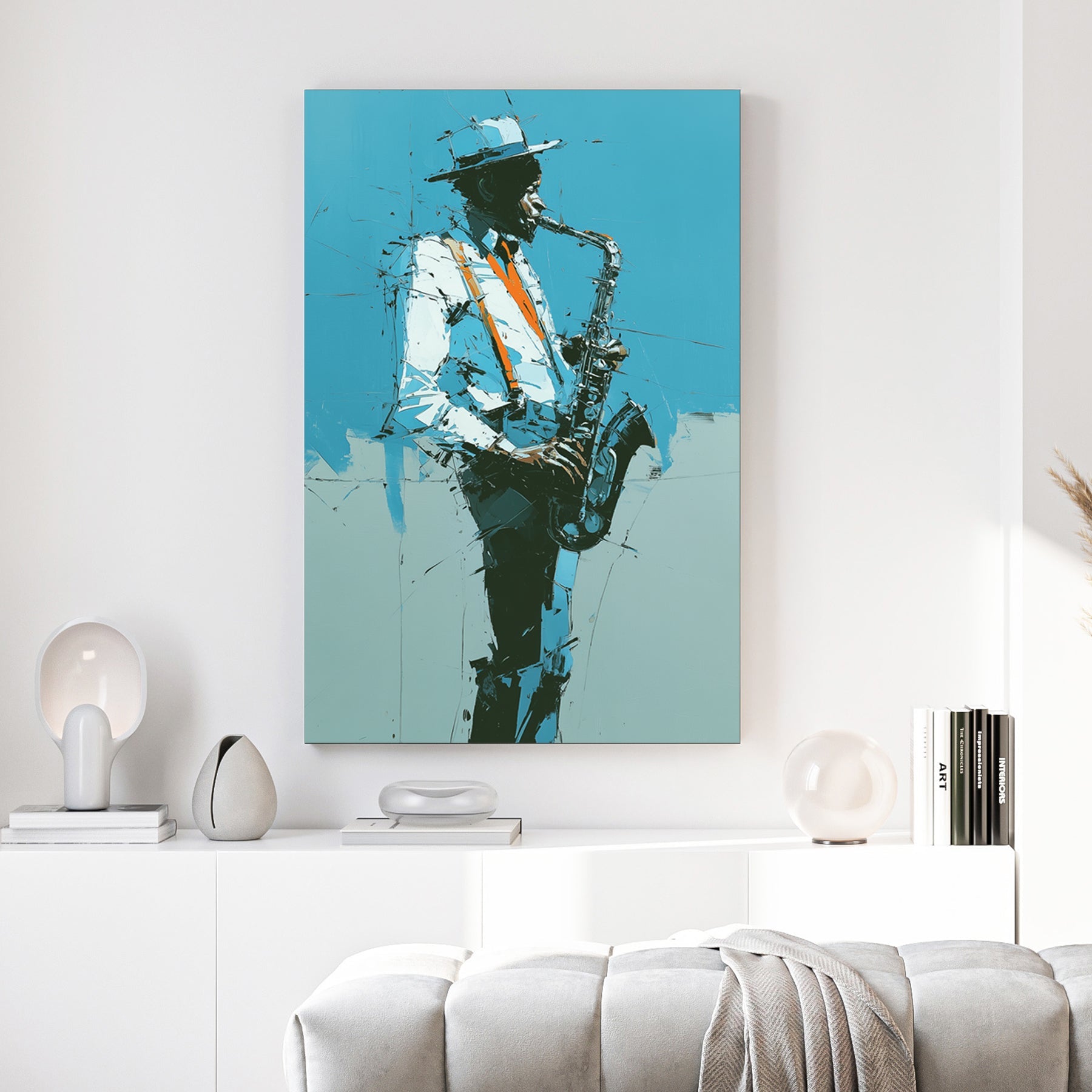 Contemporary wall art of a Jazz Saxophonist with orange suspenders on a teal background.