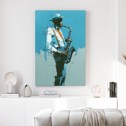 Contemporary wall art of a Jazz Saxophonist with orange suspenders on a teal background.