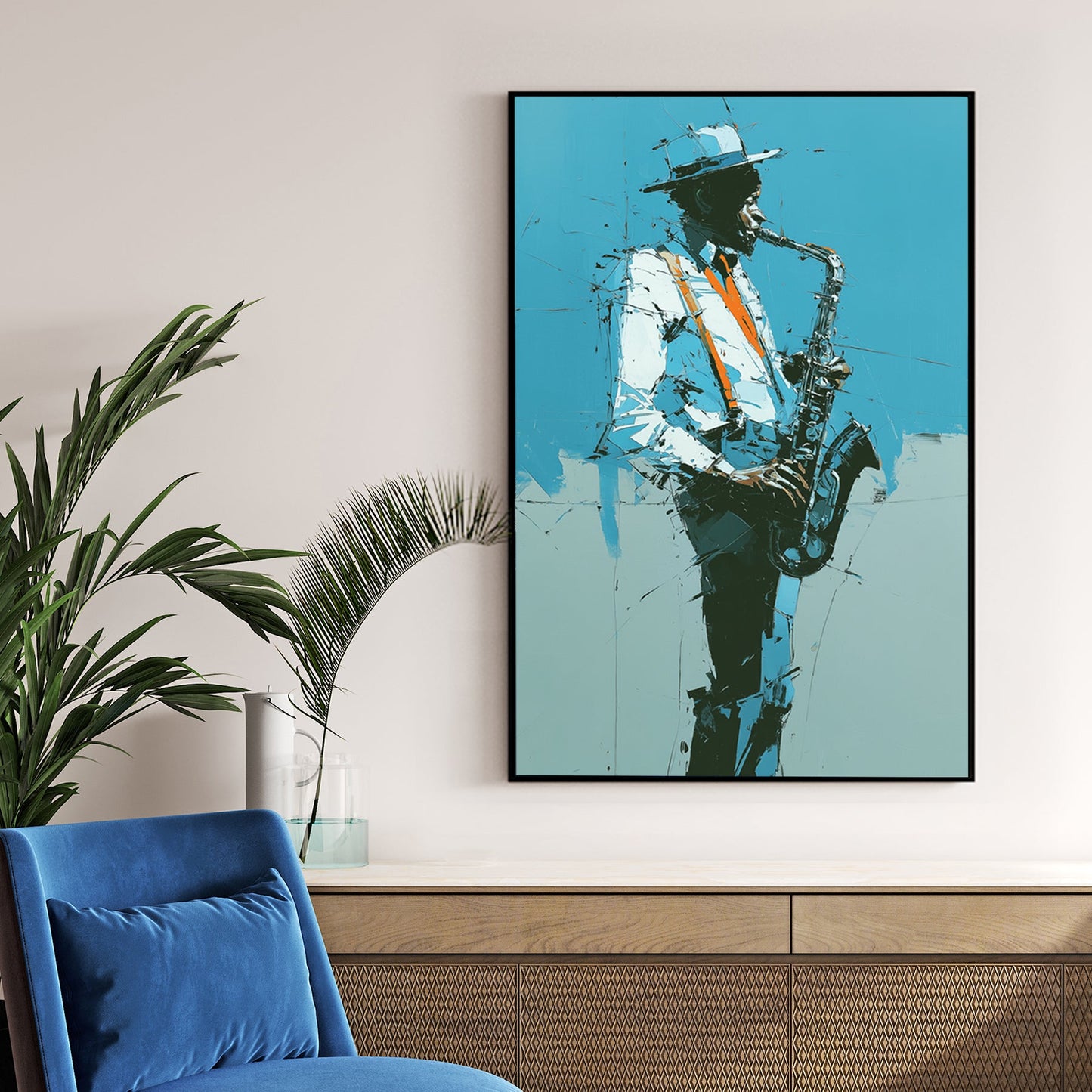 Contemporary wall art of a Jazz Saxophonist with orange suspenders on a teal background.