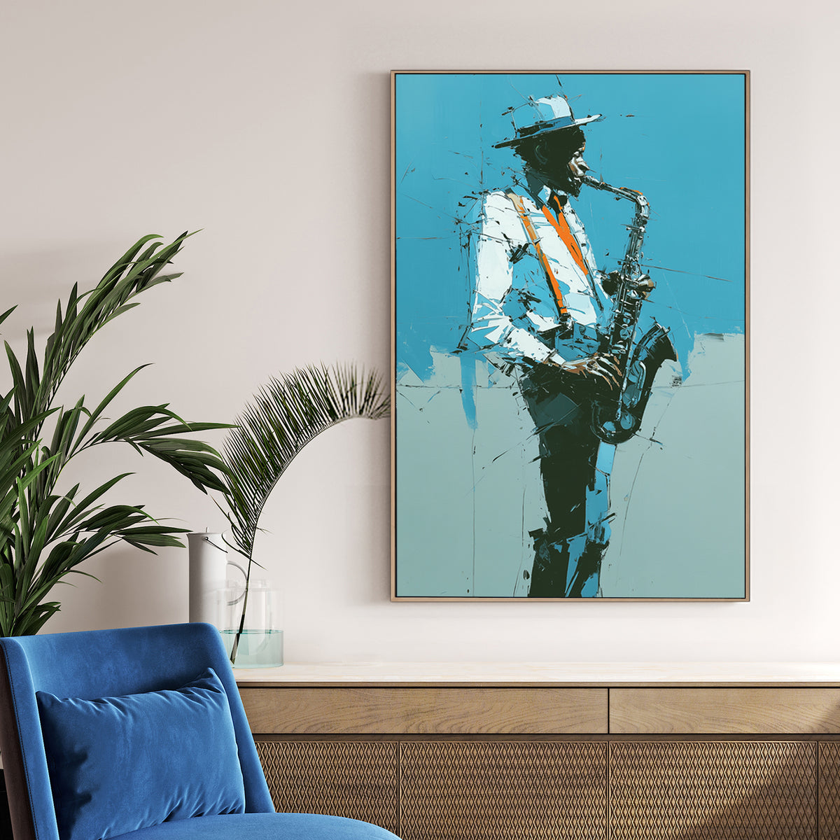 Contemporary wall art of a Jazz Saxophonist with orange suspenders on a teal background.