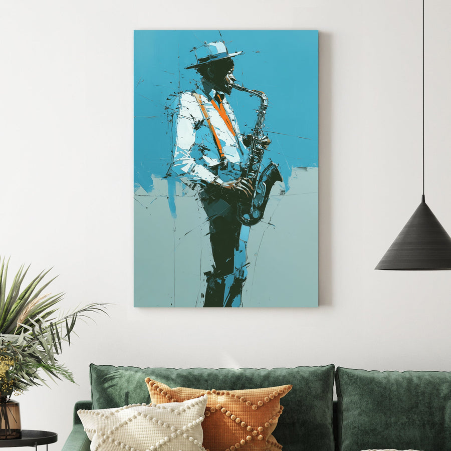 Contemporary wall art of a Jazz Saxophonist with orange suspenders on a teal background.
