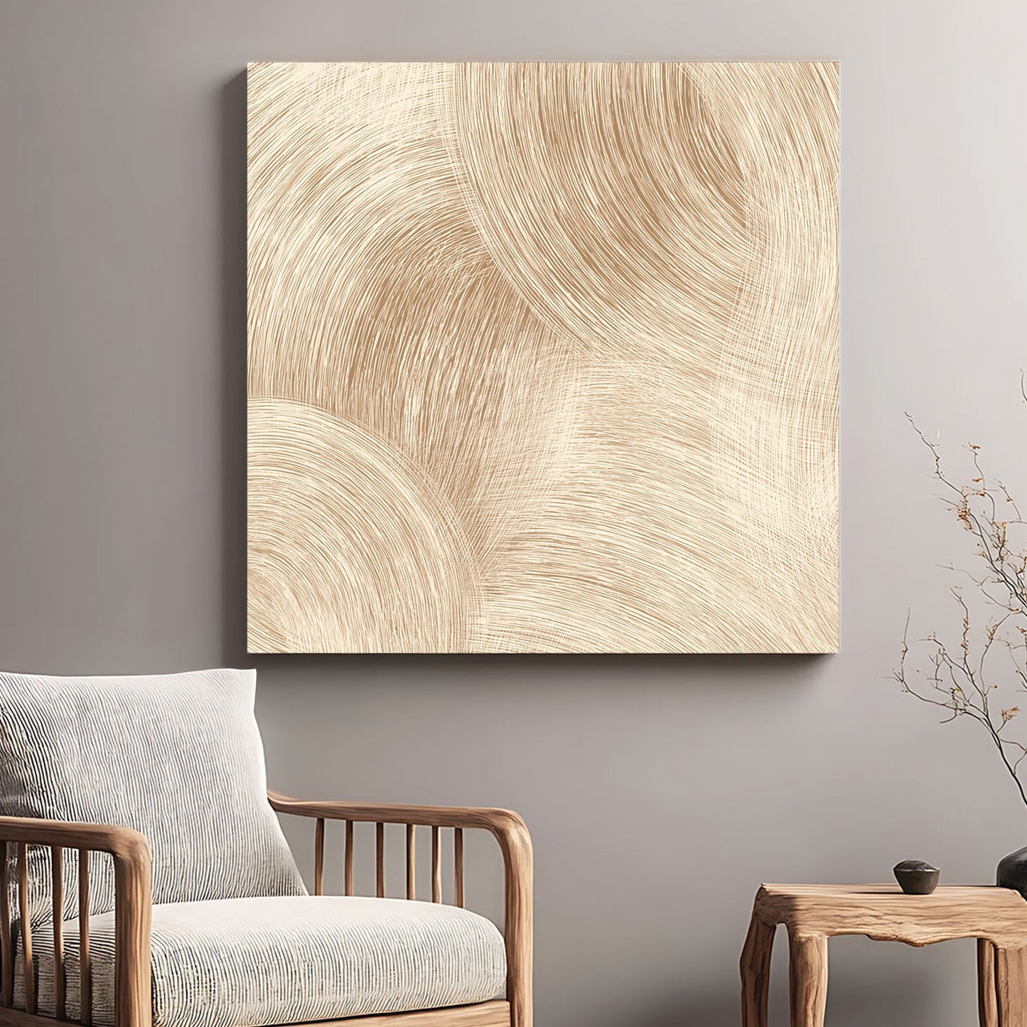 Abstract beige circular arcs with fine line visual depth wall art.
