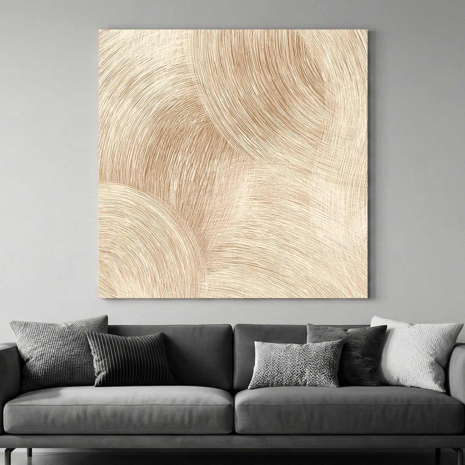 Abstract beige circular arcs with fine line visual depth wall art.