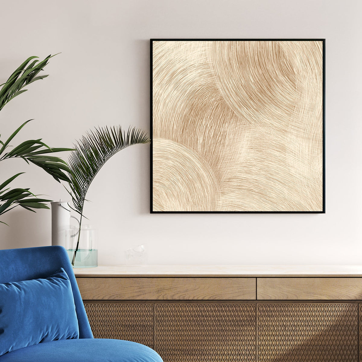 Abstract beige circular arcs with fine line visual depth wall art.