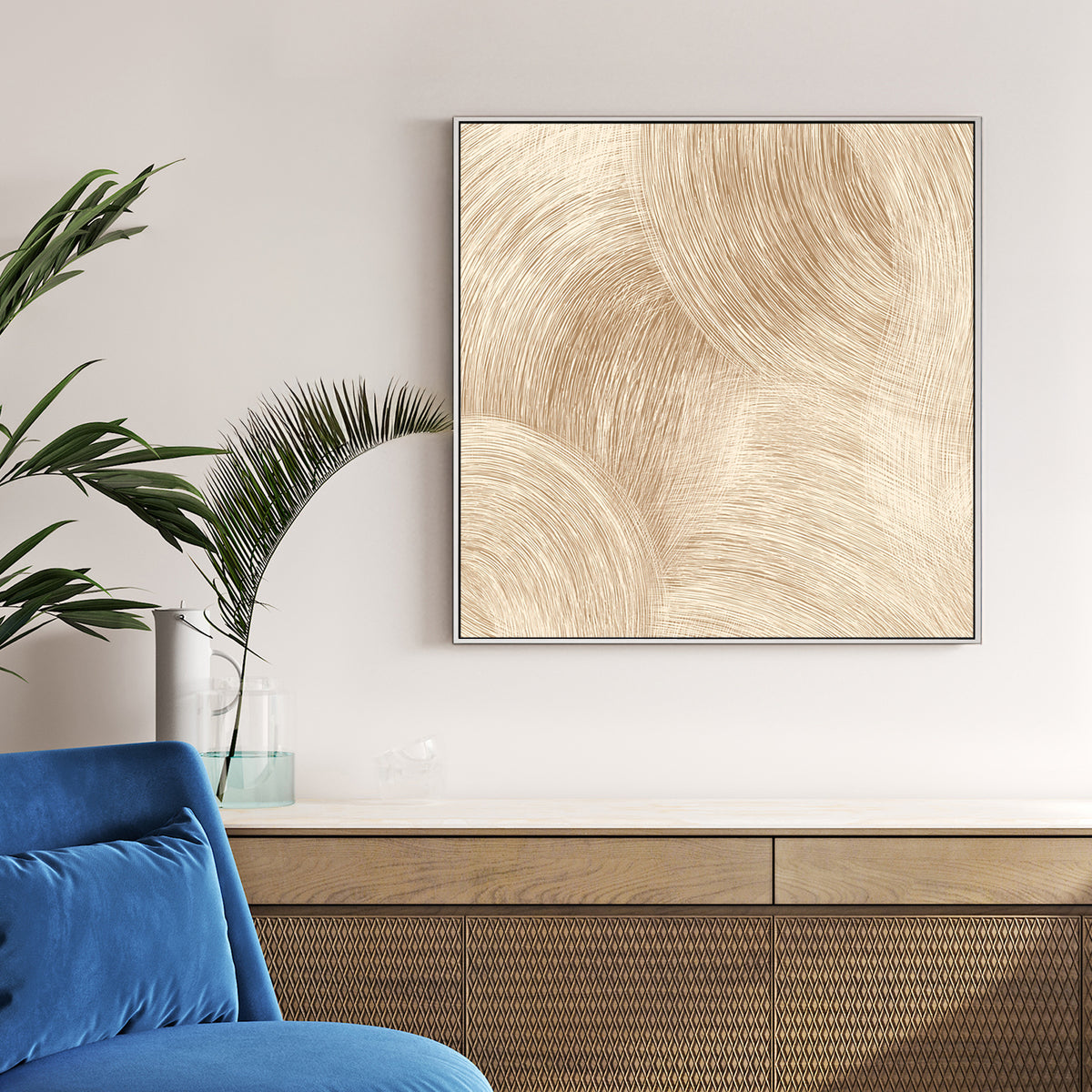 Abstract beige circular arcs with fine line visual depth wall art.