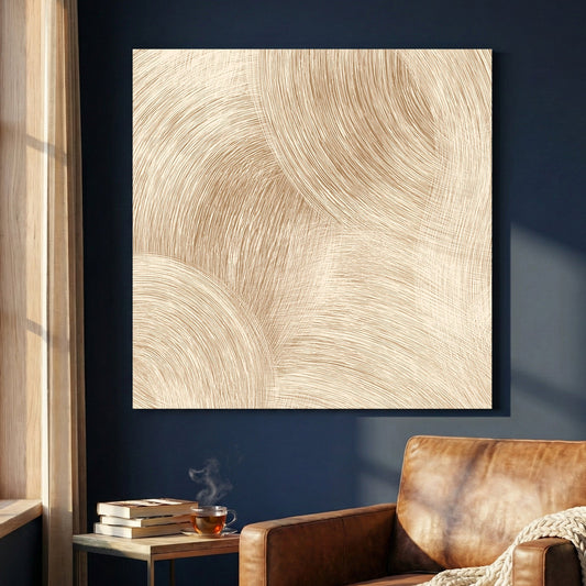 Abstract beige circular arcs with fine line visual depth wall art.