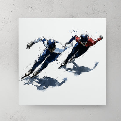 Two speed skaters leaning into a turn in a contemporary watercolour wall art style.