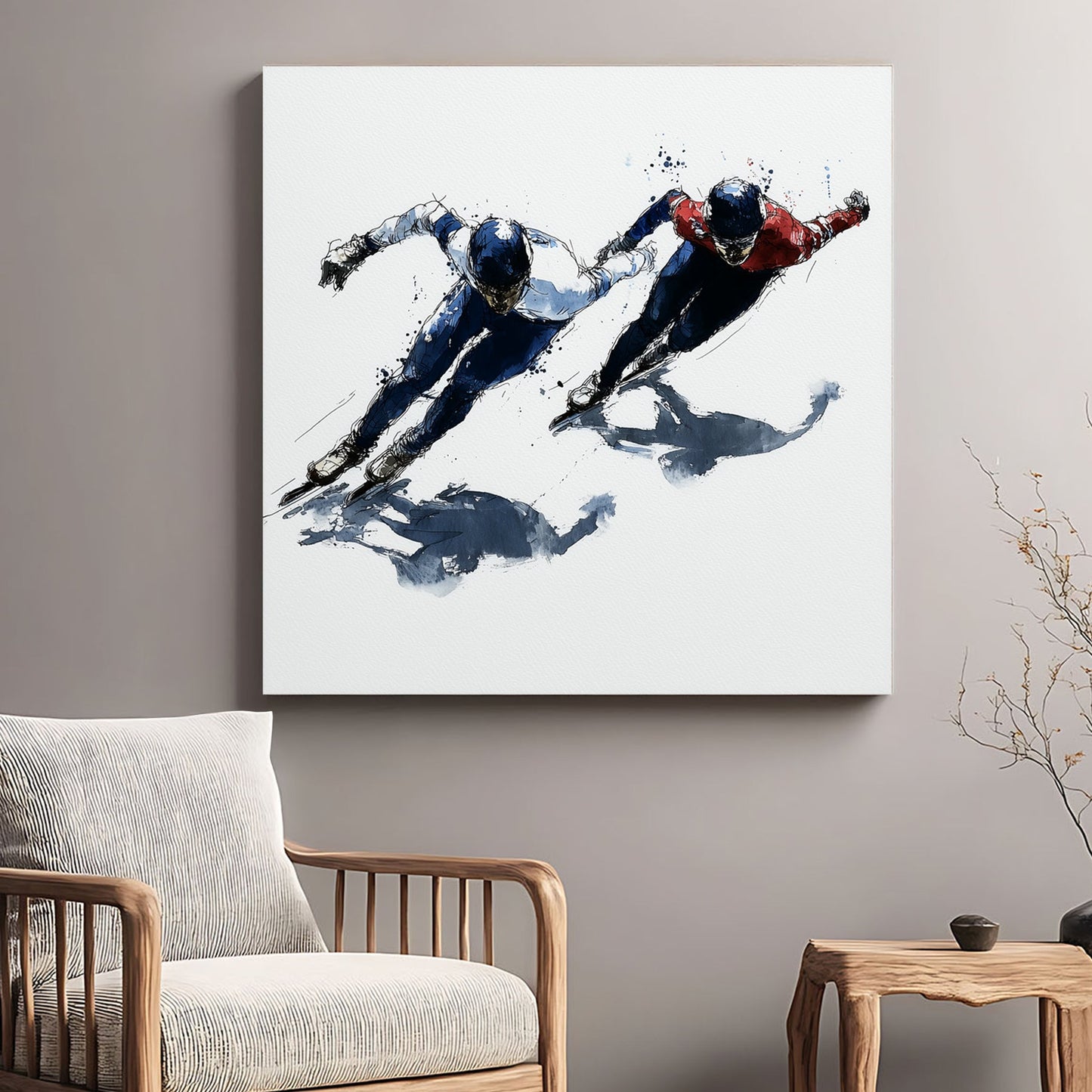 Two speed skaters leaning into a turn in a contemporary watercolour wall art style.