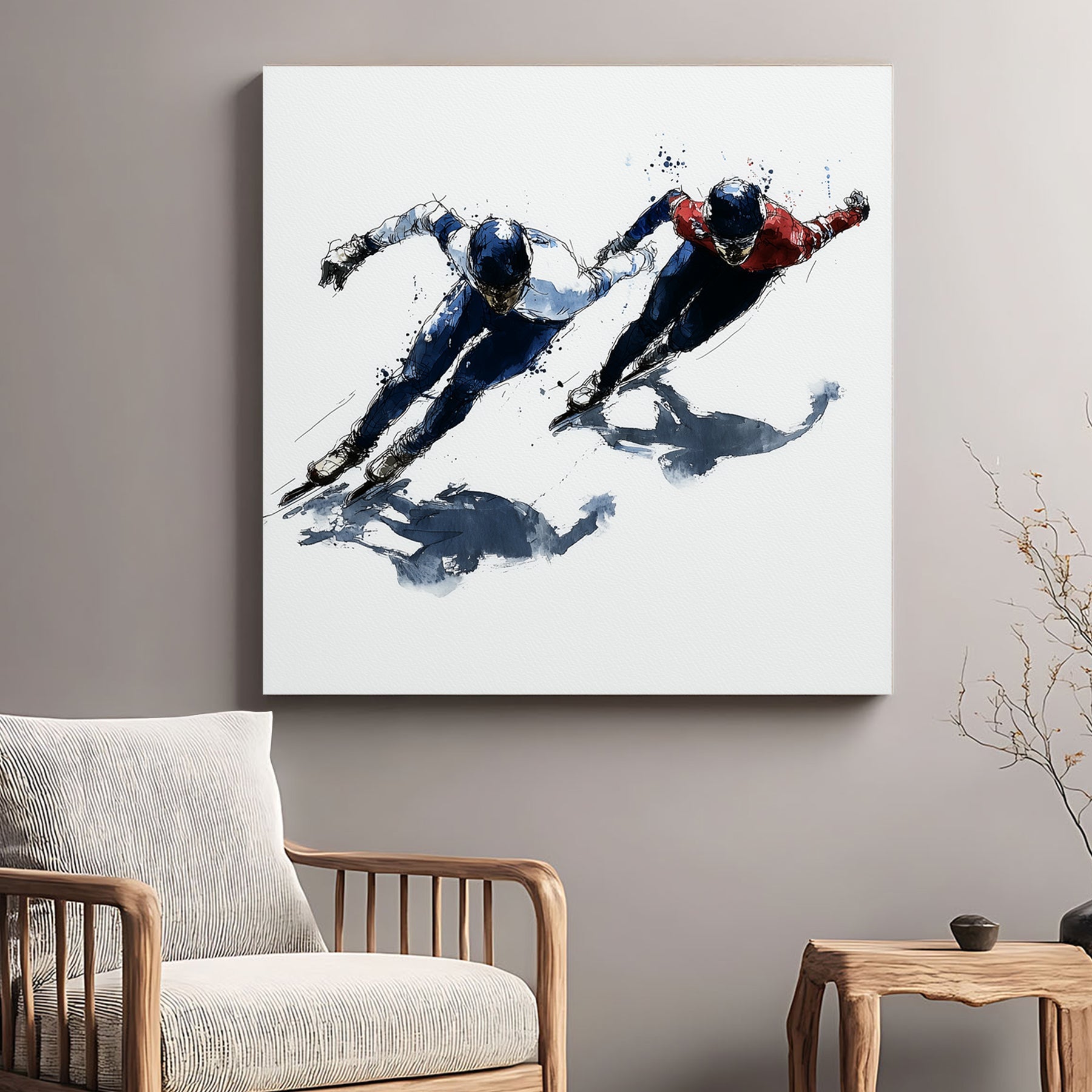 Two speed skaters leaning into a turn in a contemporary watercolour wall art style.