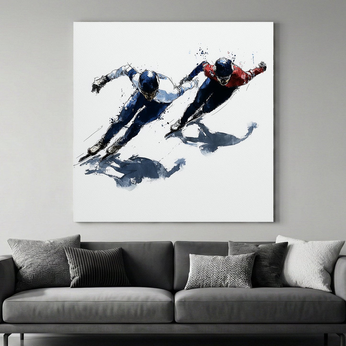 Two speed skaters leaning into a turn in a contemporary watercolour wall art style.