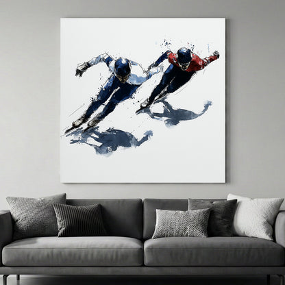 Two speed skaters leaning into a turn in a contemporary watercolour wall art style.