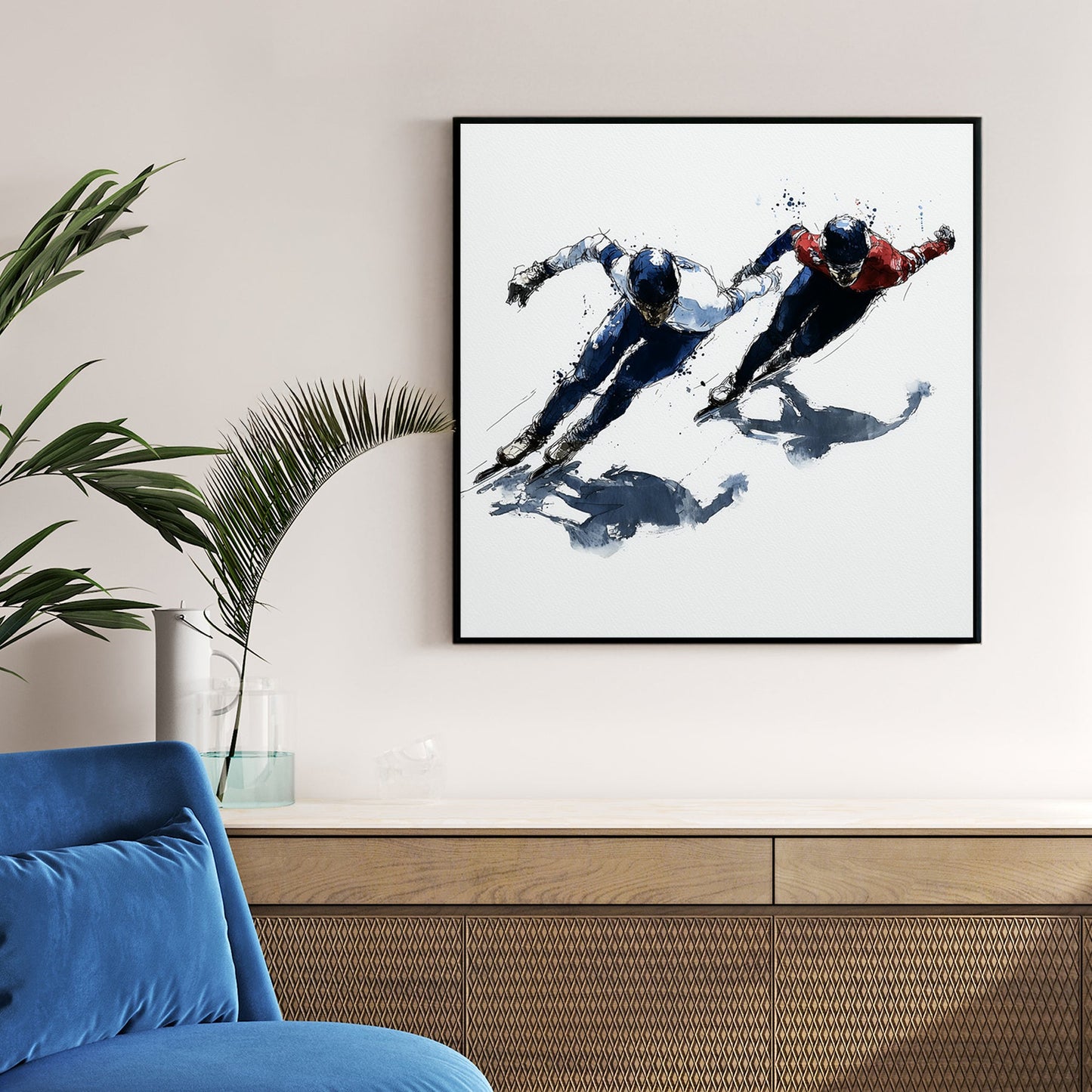 Two speed skaters leaning into a turn in a contemporary watercolour wall art style.