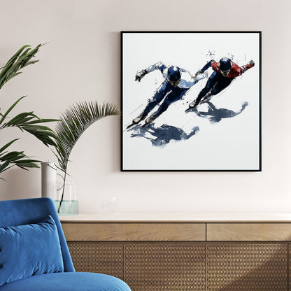 Two speed skaters leaning into a turn in a contemporary watercolour wall art style.