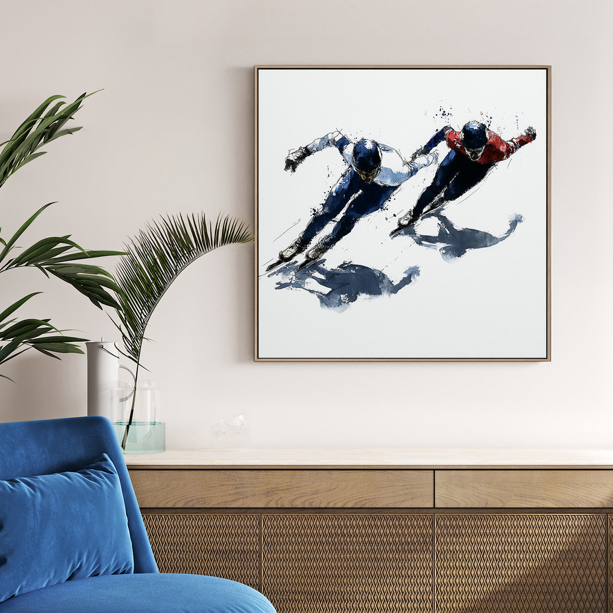 Two speed skaters leaning into a turn in a contemporary watercolour wall art style.